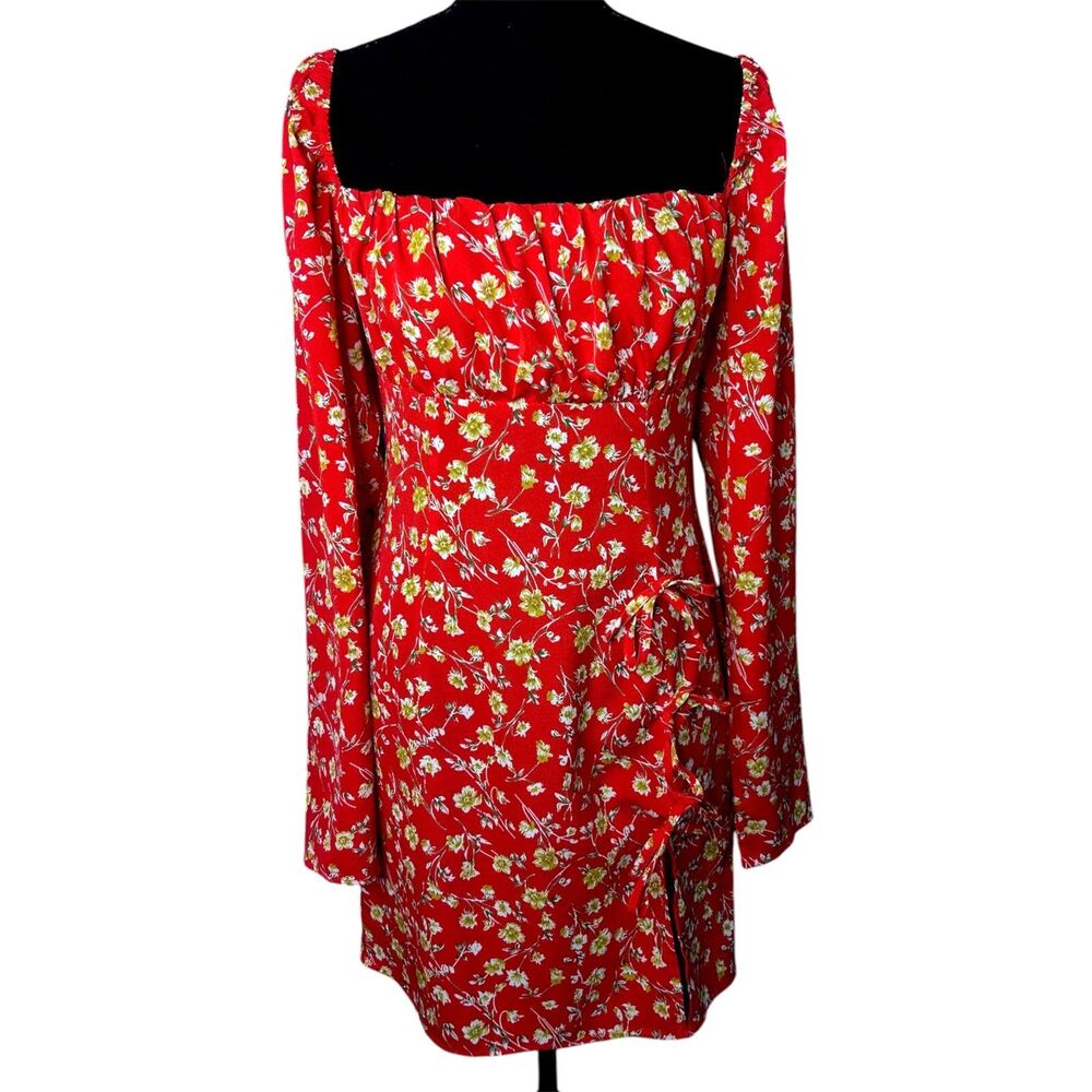 Womens Red Floral Mini Dress Sz 6 Cottagecore Peasant Garden Party Milkmaid Bow